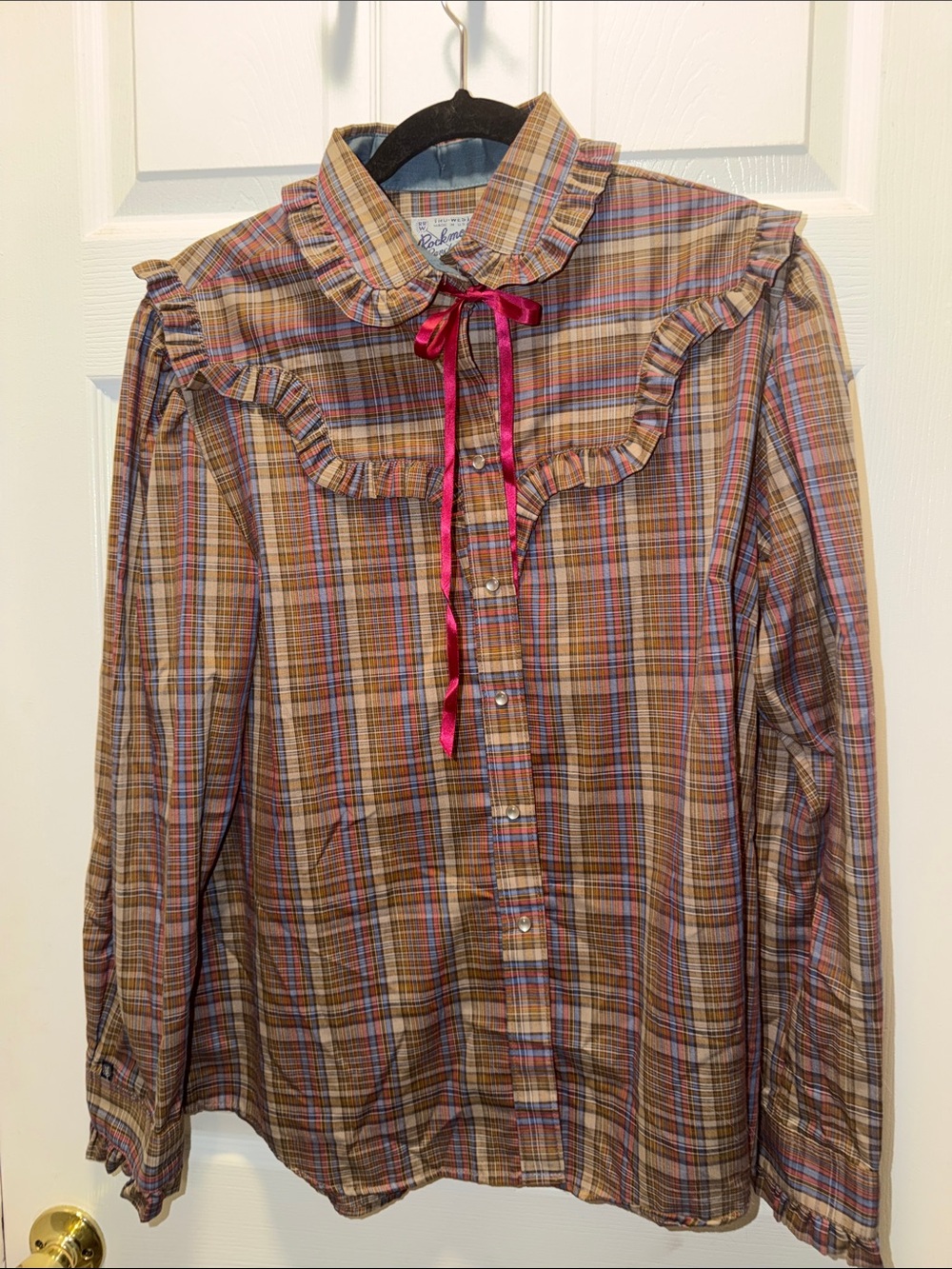 Rockmount Ranch Wear Ruffled Plaid Button-Up Blouse with Ribbon Tie - Multi